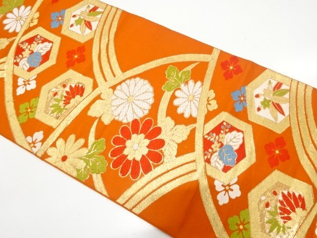 JAPANESE KIMONO / ANTIQUE FUKURO OBI / WOVEN KIKKO WITH FLOWER